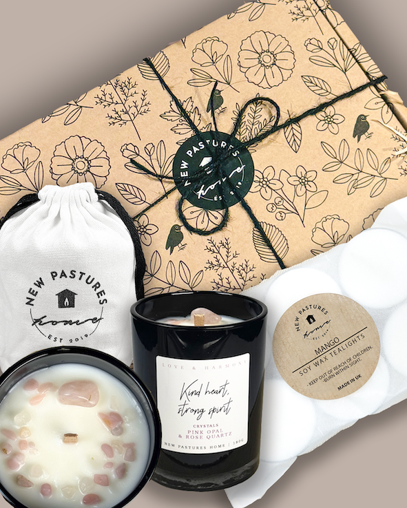Gift Set: Crystal Candle, Kind Heart Strong Spirit & Tealights
