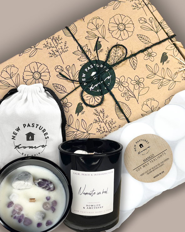 Gift Set: Crystal Candle, Namaste In Bed & Tealights